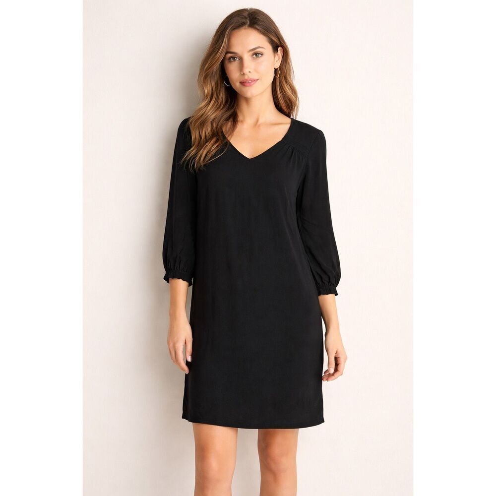 Old Navy Black Shift Dress Petite Small Rayon V Neck 3/4 Sleeve